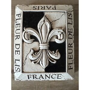 Vintage Wall Plaque Memory Block Black & Cream Distressed Fleur De Lis Paris